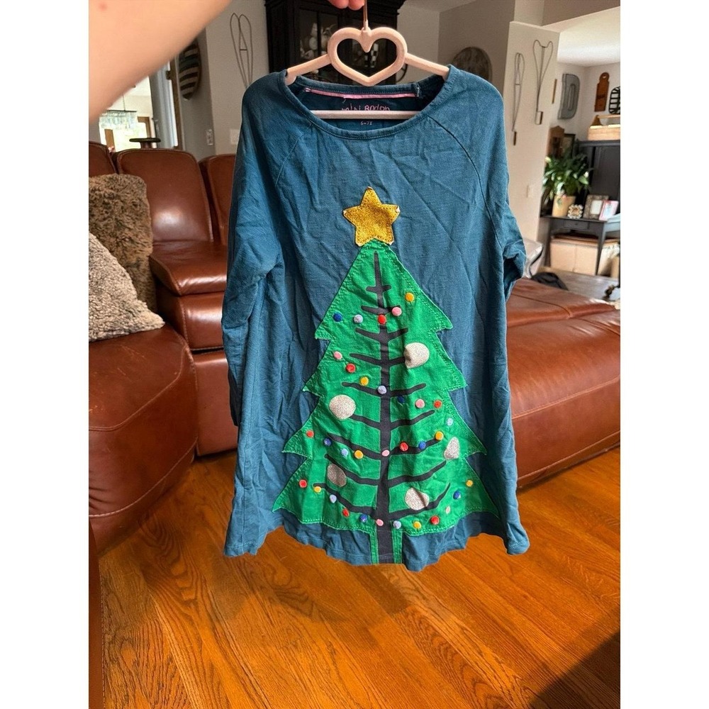 Mini Boden teal long-sleeve holiday top festive 3D appliqué Christmas 6-7